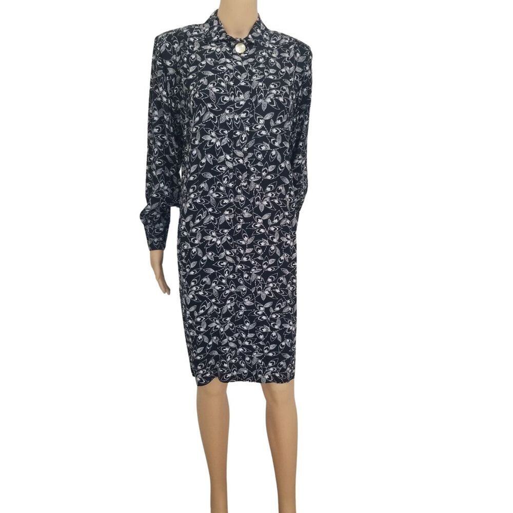 VINTAGE Liz Claiborne Petite Dresses Black Long Sleeve Floral Shirt Dress SZ 8P